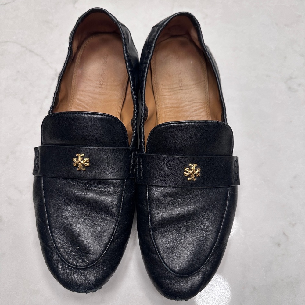 TORY BURCH Women 87269 Gold Logo Black Leather Ballet Loafers
